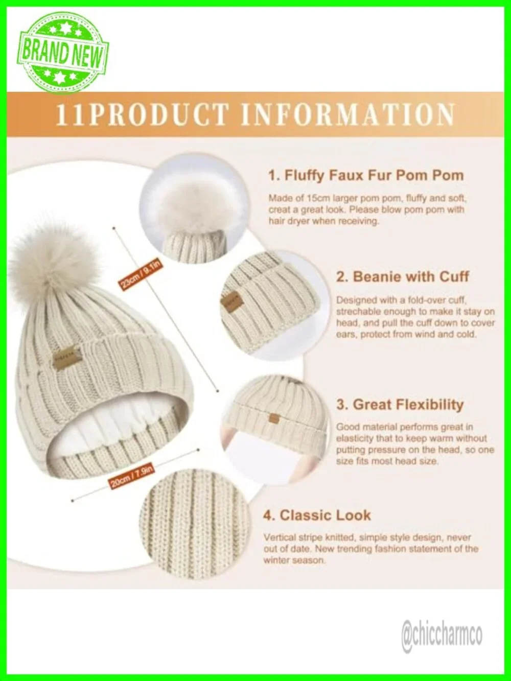 Winter Beanie Hat Scarf Gloves Set with Pom Pom Touchscreen